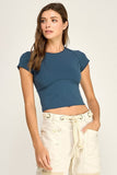 Washed Stretch Curved Seam Cropped Top (Dark Blue)