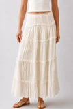 Lace Trim Tiered Crinkle Maxi Skirt (White)