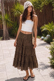 Lace Trim Tiered Crinkle Maxi Skirt (Brown)