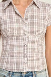 Plaid Button Down Fitted Blouse (Brown)