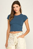 Washed Stretch Curved Seam Cropped Top (Dark Blue)
