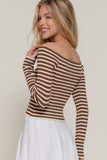 Wide Neck Fitted Stripe Sweater (Brown)