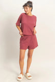 Striped Round Neck Top & Shorts Set (Dark Red)