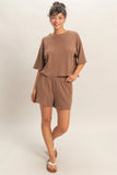 Striped Round Neck Top & Shorts Set (Brown)