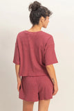 Striped Round Neck Top & Shorts Set (Dark Red)