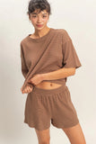 Striped Round Neck Top & Shorts Set (Brown)