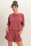 Striped Round Neck Top & Shorts Set (Dark Red)