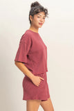 Striped Round Neck Top & Shorts Set (Dark Red)