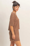 Striped Round Neck Top & Shorts Set (Brown)