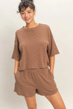 Striped Round Neck Top & Shorts Set (Brown)